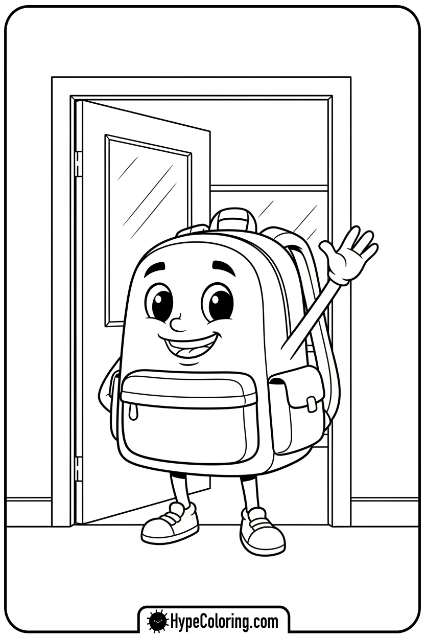 Click to download PDF backpack-waving-hello - backpack coloring page