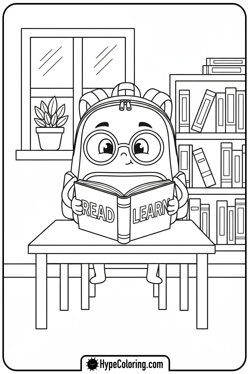 Click to download PDF backpack-reading-at-desk - backpack coloring page