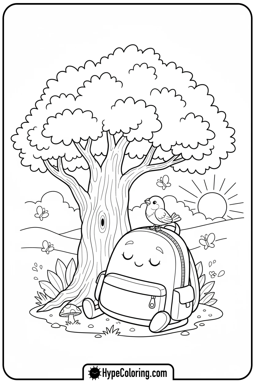 Click to download PDF backpack-under-tree - backpack coloring page