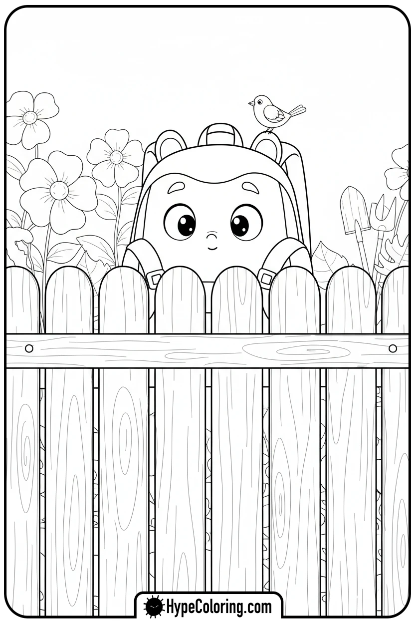 Click to download PDF backpack-peeking-over-fence - backpack coloring page