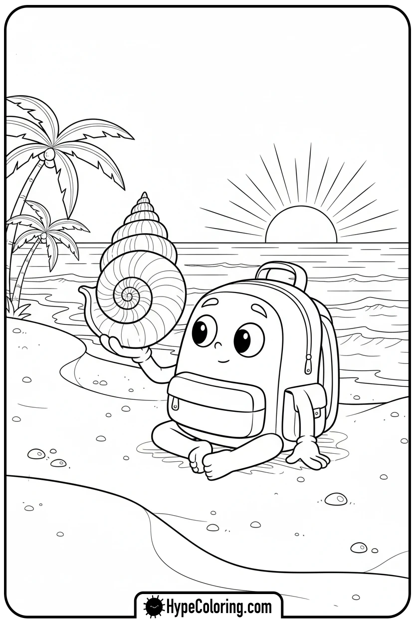Click to download PDF backpack-examining-seashell - backpack coloring page