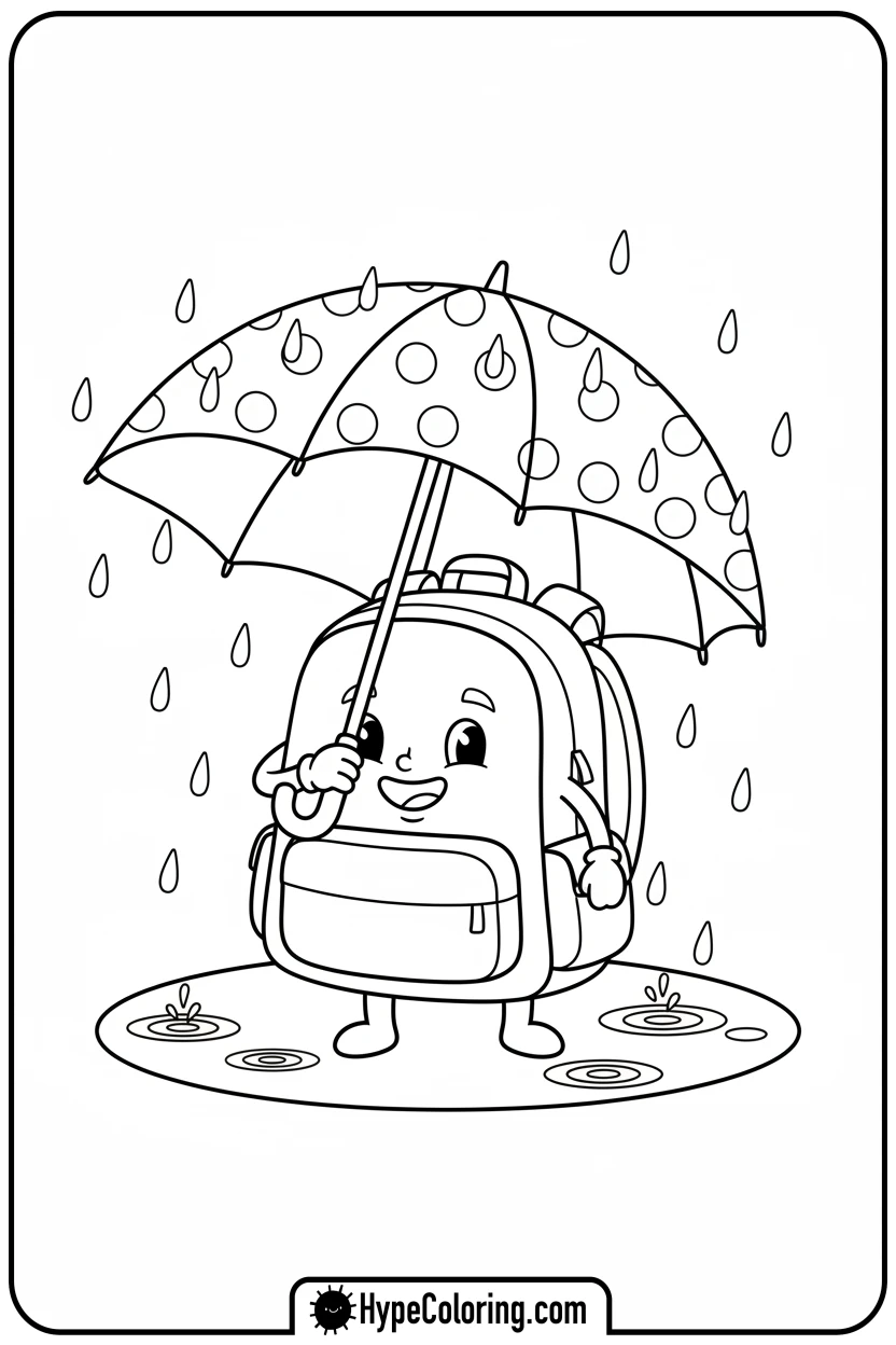 Click to download PDF backpack-with-umbrella-in-rain - backpack coloring page