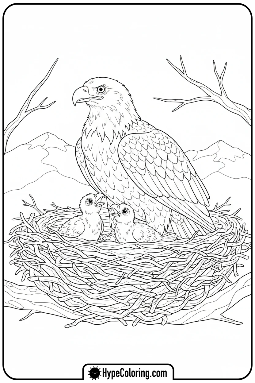 eagle-in-nest-with-eaglets - bald eagle coloring page