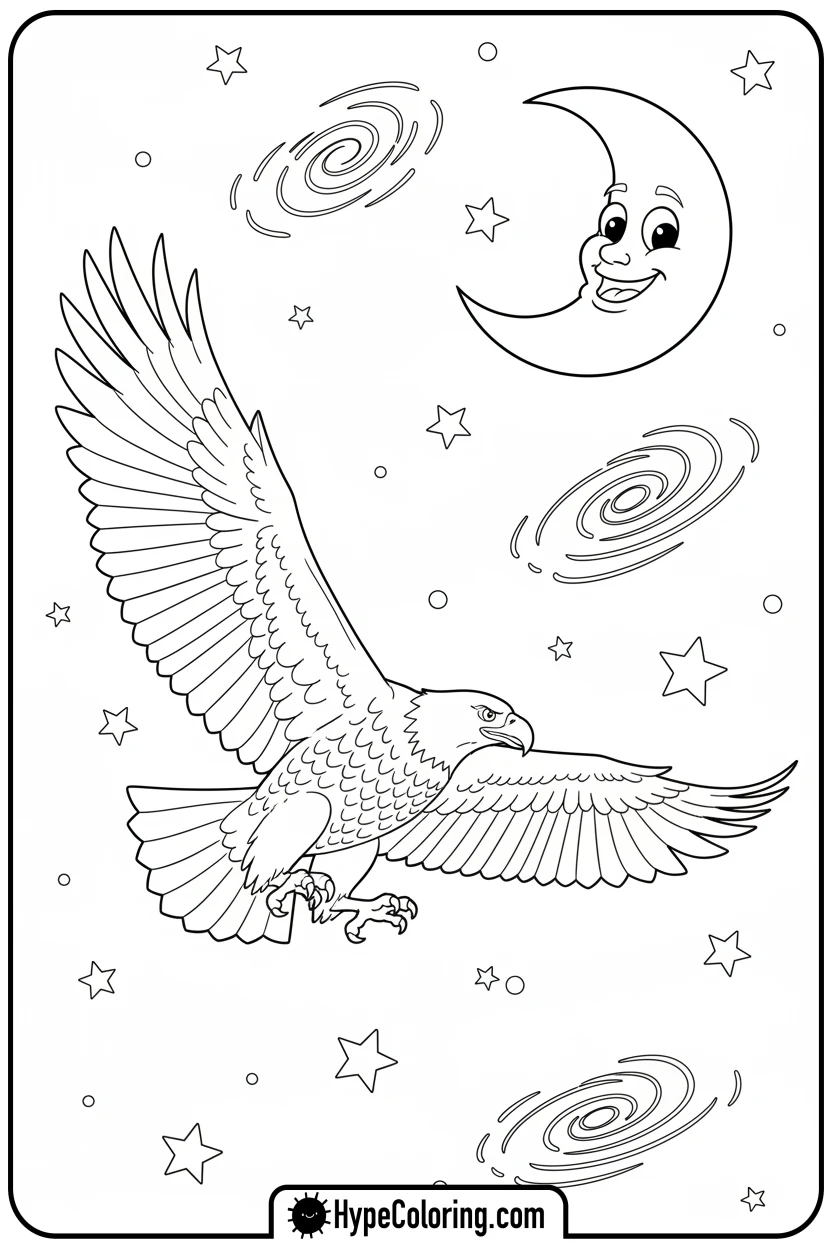 eagle-flying-under-moon - bald eagle coloring page