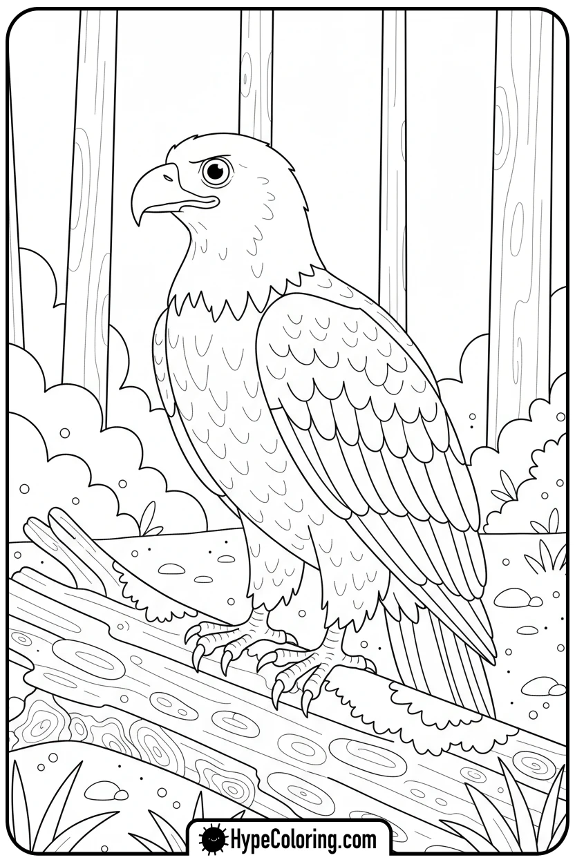 eagle-on-log-in-forest - bald eagle coloring page