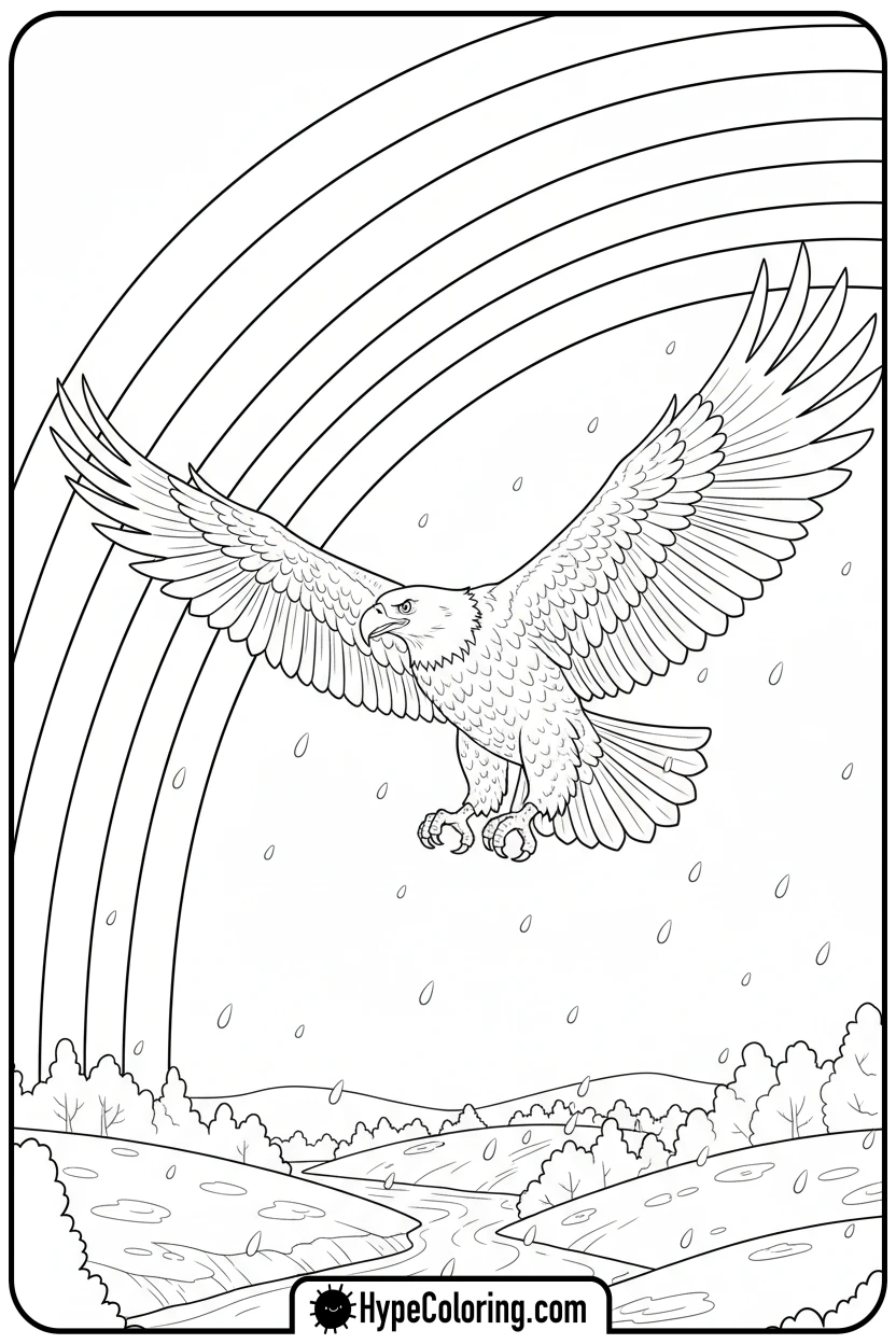 eagle-flying-towards-rainbow - bald eagle coloring page