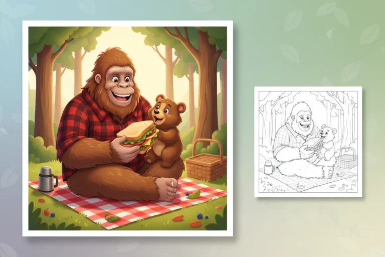 bigfoot-enjoying-a-picnic-sharing - bigfoot coloring pages