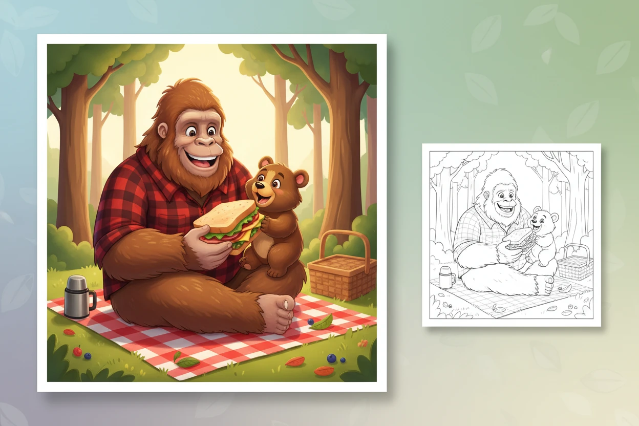 bigfoot-enjoying-a-picnic-sharing - bigfoot coloring pages