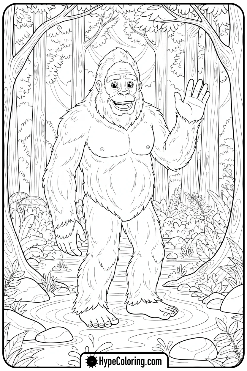 friendly-bigfoot-waving - bigfoot coloring pages