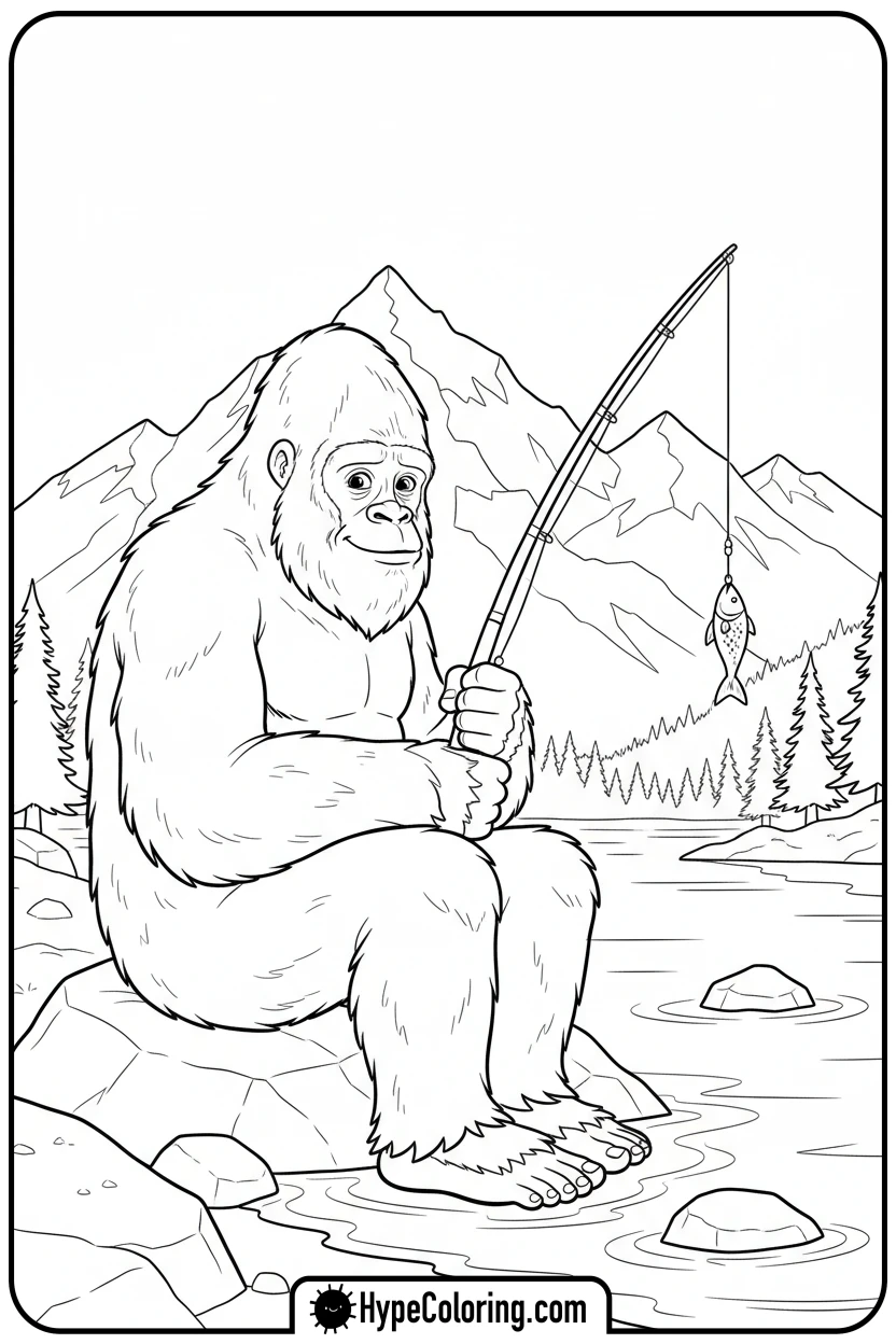 bigfoot-fishing-by-lake - bigfoot coloring pages