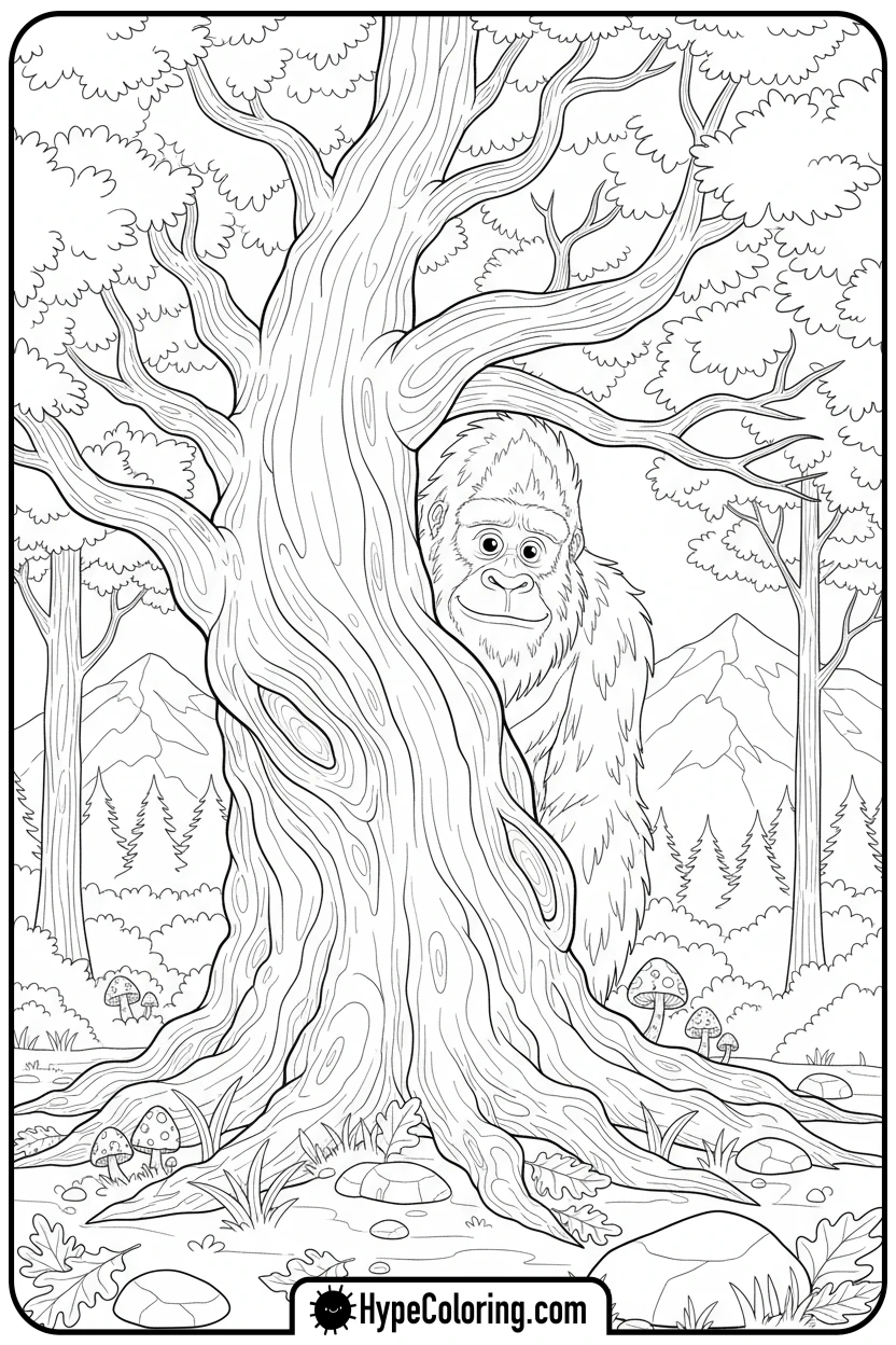 bigfoot-peeking-from-tree - bigfoot coloring pages