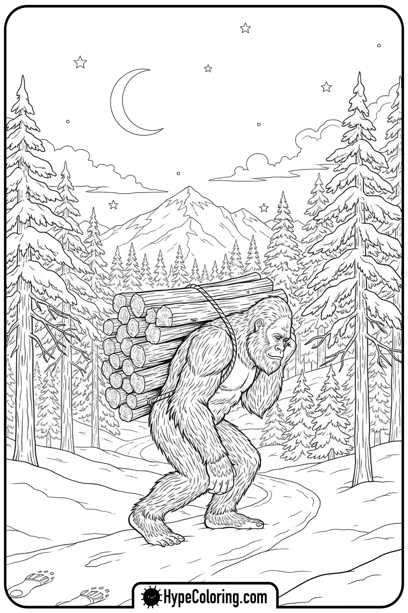 bigfoot-carrying-firewood-in-snow - bigfoot coloring pages