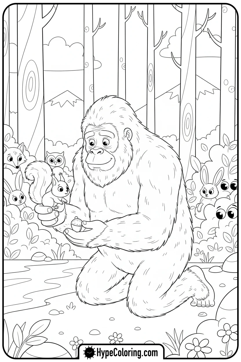 bigfoot-feeding-squirrel - bigfoot coloring pages