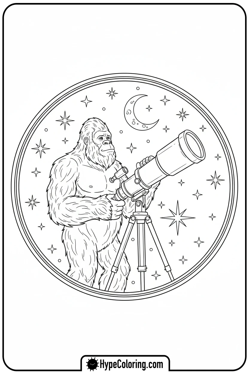 bigfoot-stargazing-with-telescope - bigfoot coloring pages