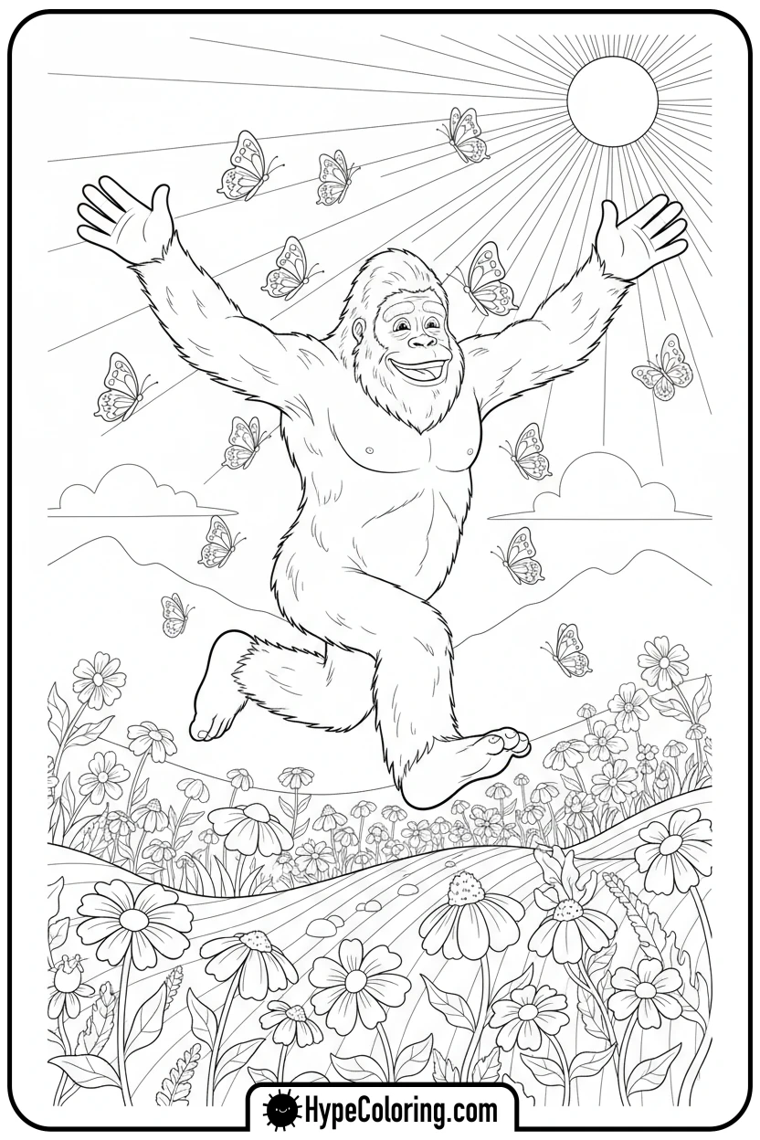 bigfoot-skipping-in-flowers - bigfoot coloring pages