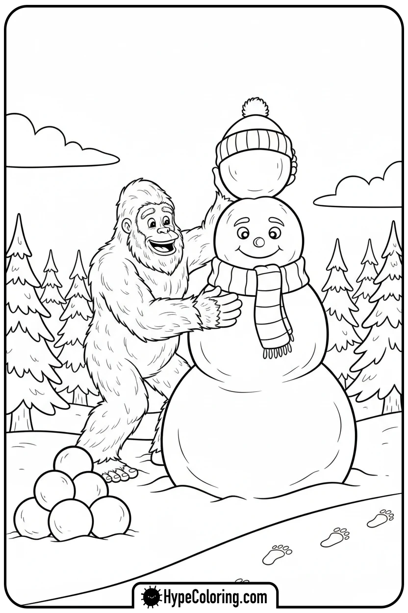 bigfoot-building-snowman - bigfoot coloring pages