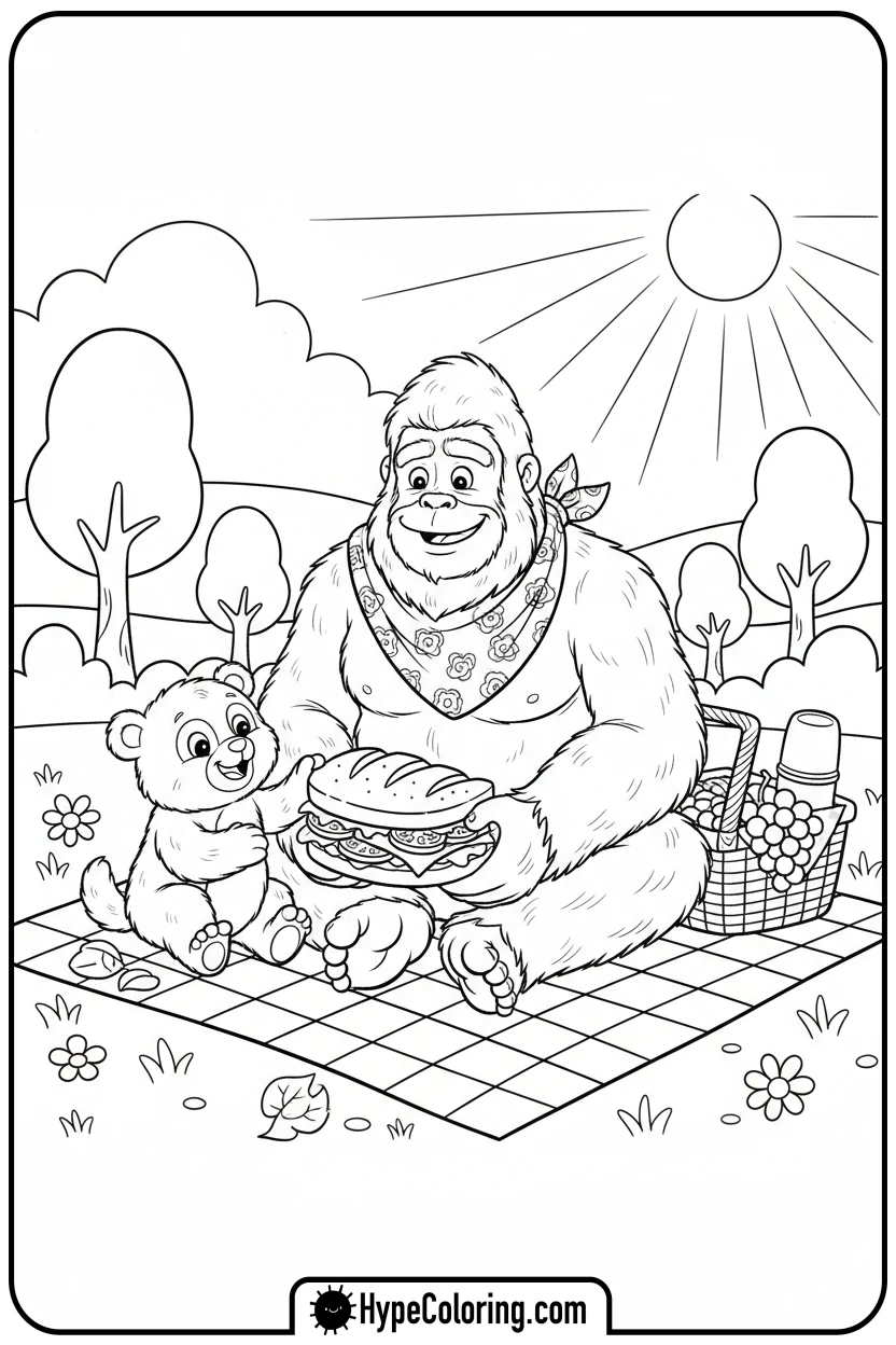 bigfoot-picnicking-with-bear-cub - bigfoot coloring pages
