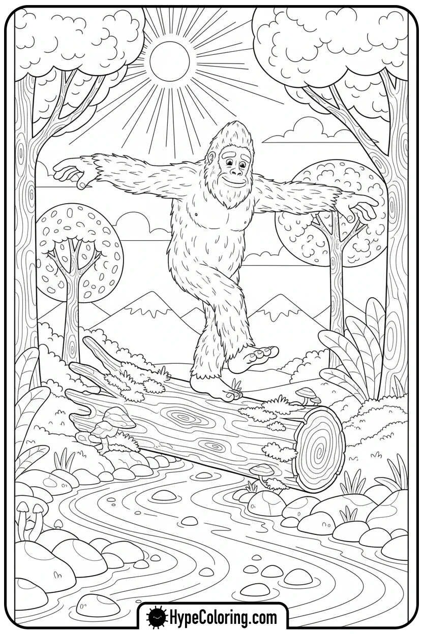 bigfoot-balancing-on-log - bigfoot coloring pages