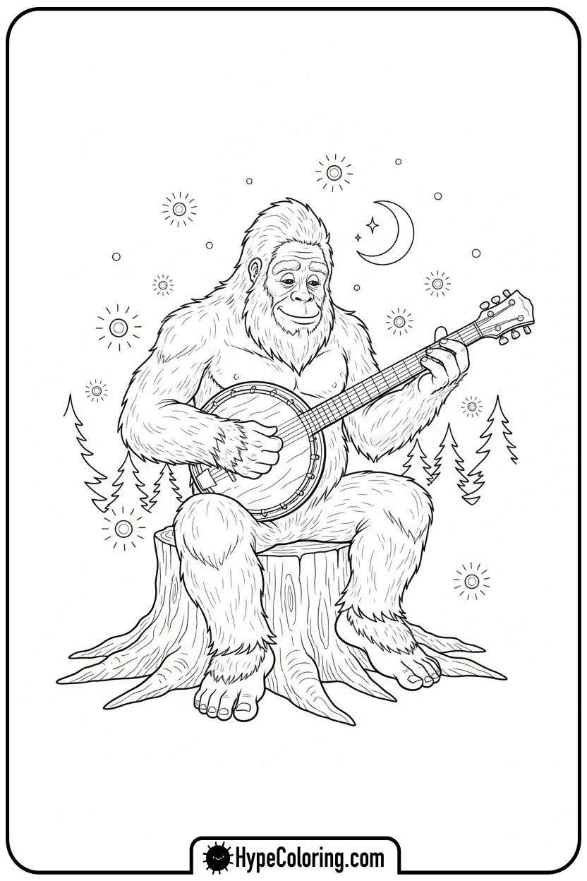bigfoot-playing-banjo-at-dusk - bigfoot coloring pages