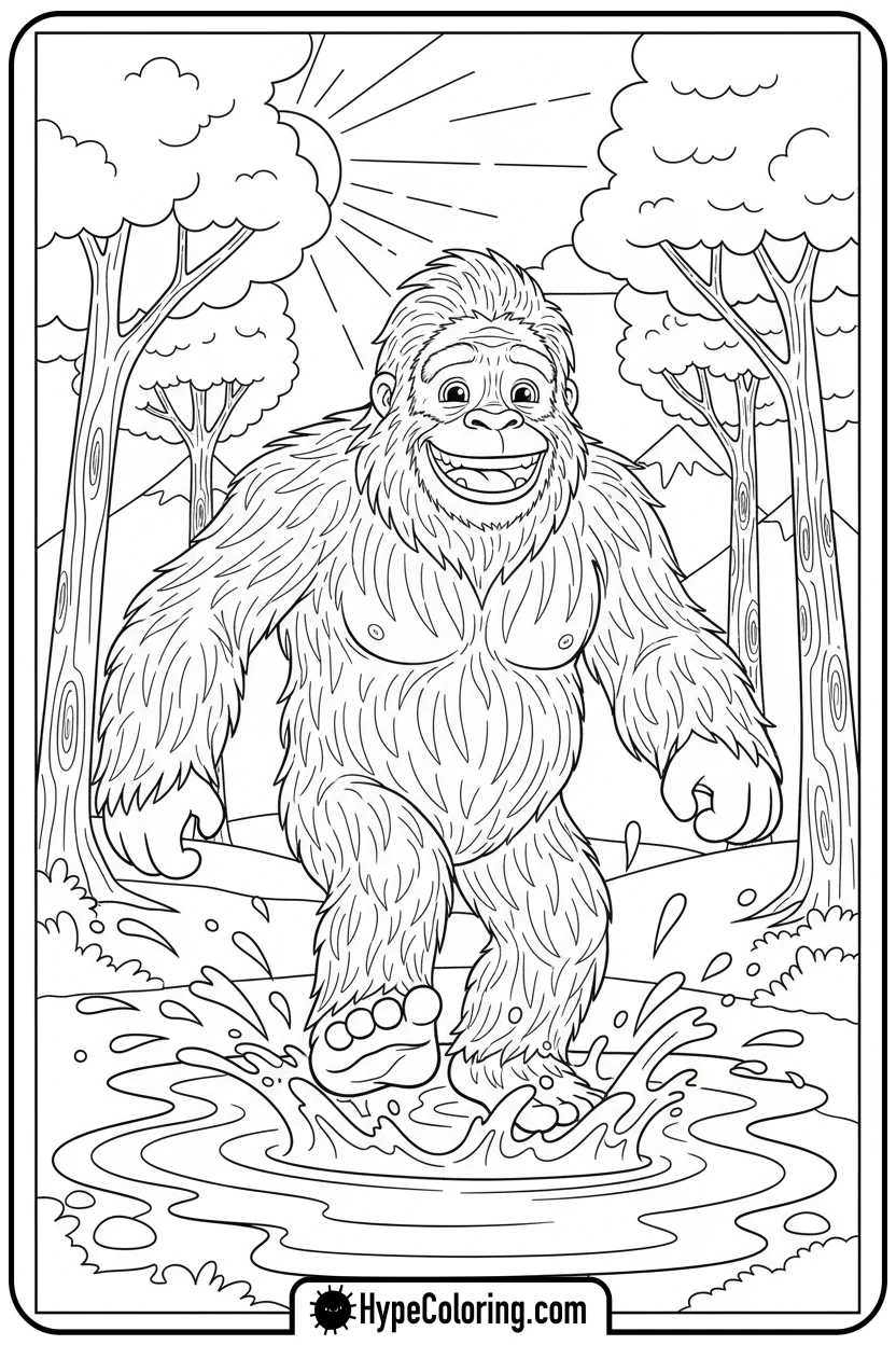 bigfoot-splashing-in-puddle - bigfoot coloring pages