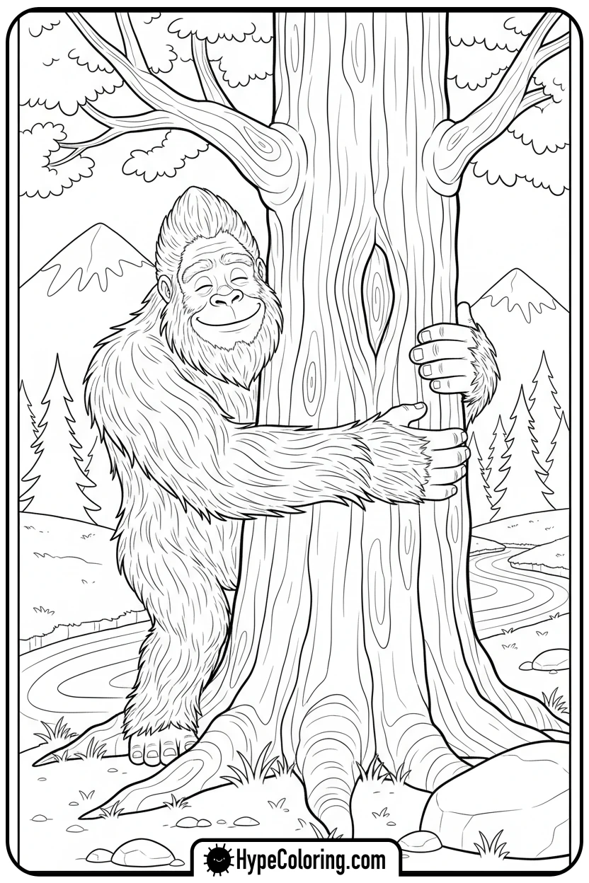 bigfoot-hugging-a-tree - bigfoot coloring pages