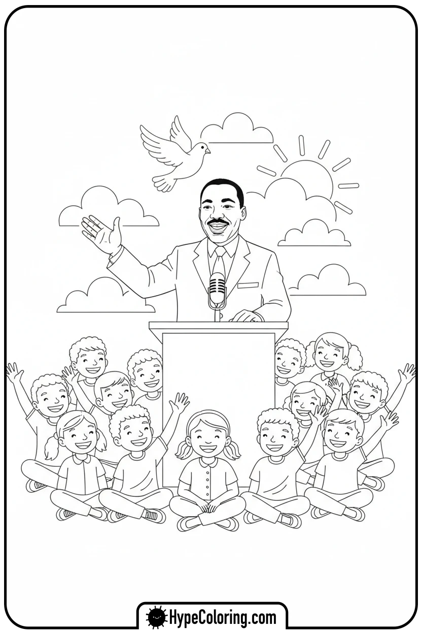 mlk-jr-speaking-to-children - black history coloring pages