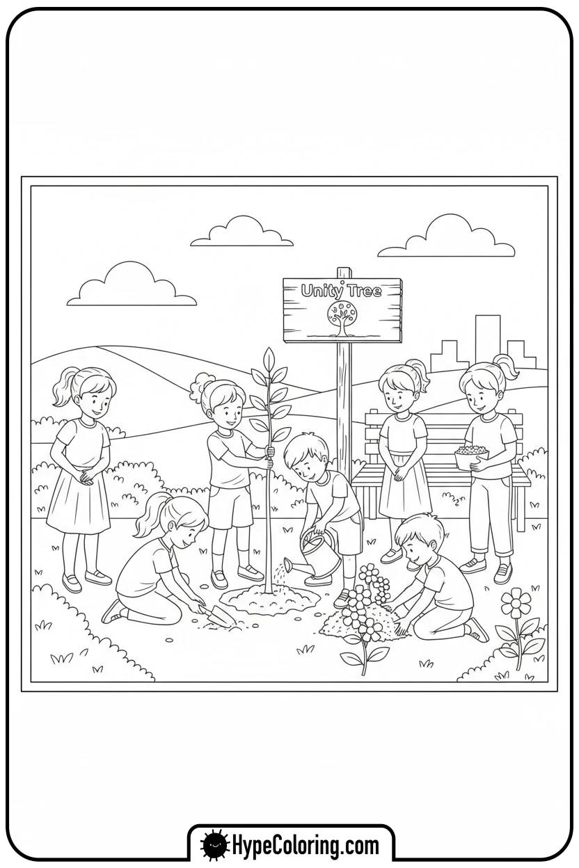children-planting-unity-tree - black history coloring pages
