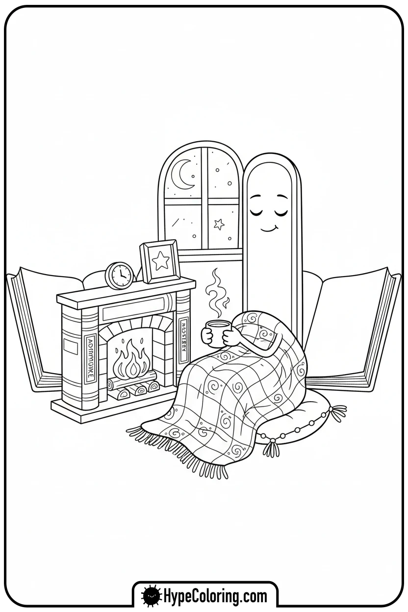 cozy-bookmark-with-cocoa-by-fireplace - bookmark coloring pages