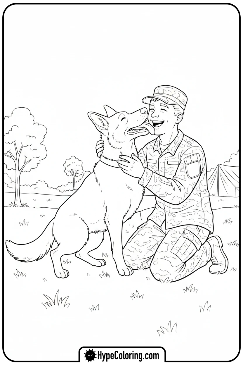 soldier-petting-happy-dog - call of duty coloring pages