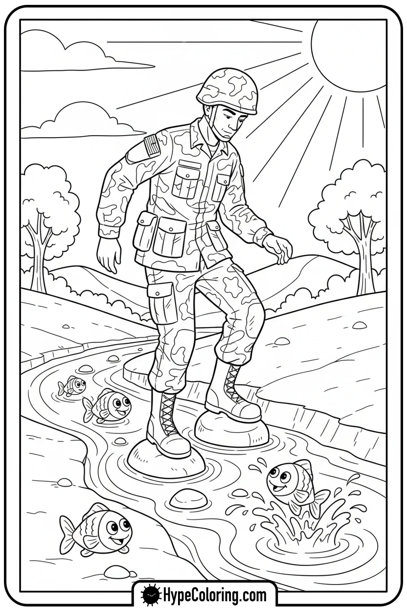 soldier-crossing-stream-on-stones - call of duty coloring pages
