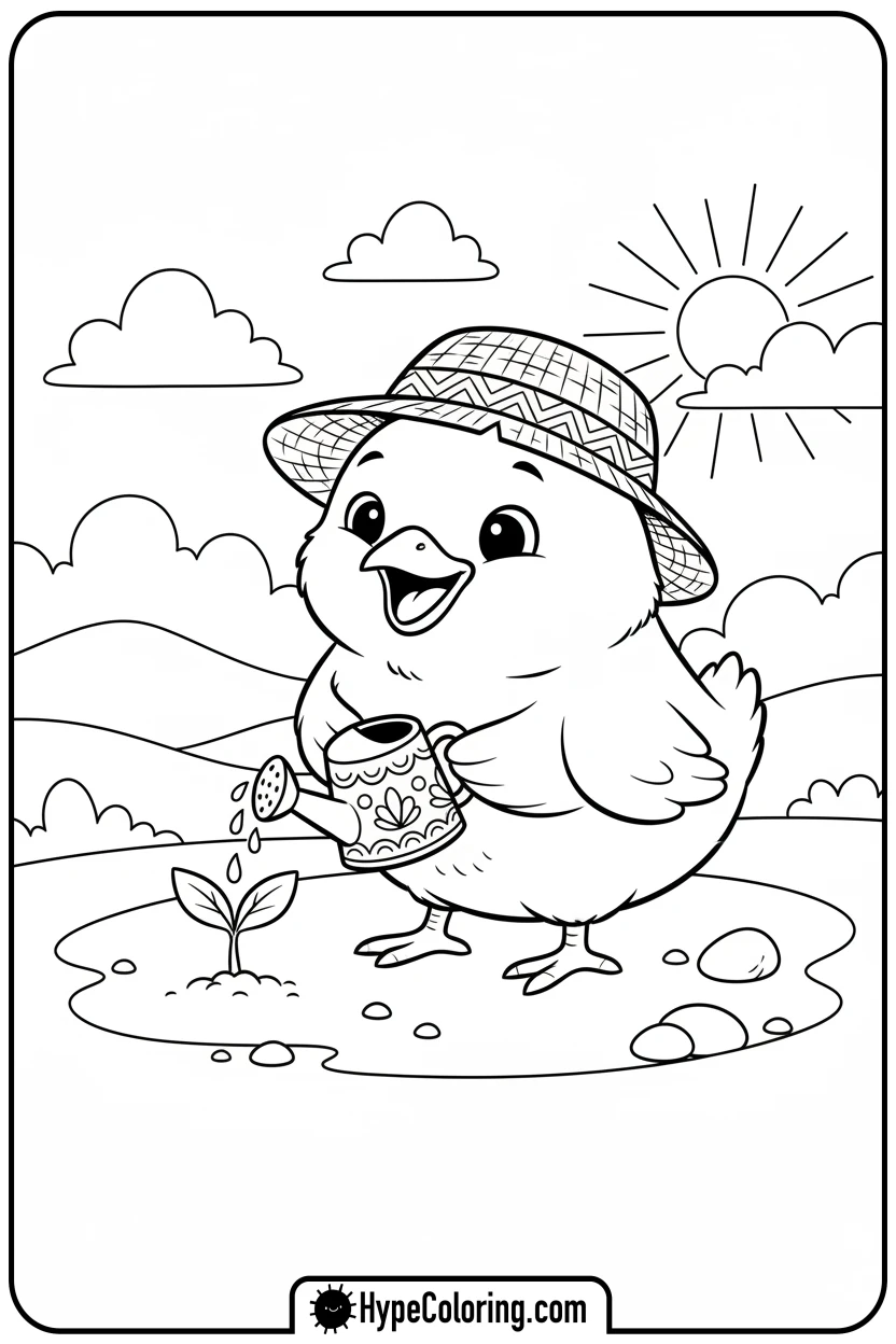 chick-watering-plant - chick coloring pages
