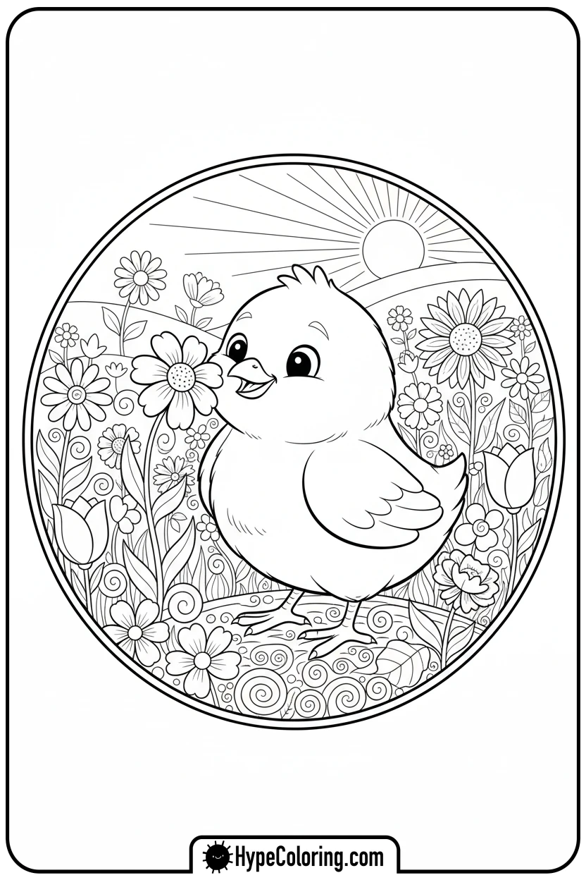 chick-in-flower-field - chick coloring pages
