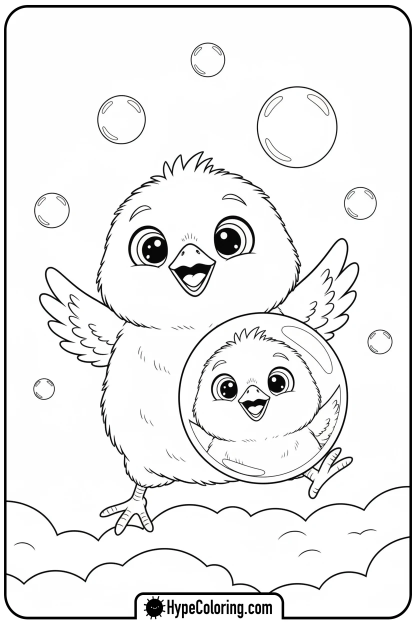 chick-catching-bubbles - chick coloring pages