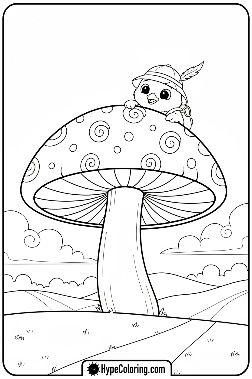 chick-exploring-mushroom - chick coloring pages