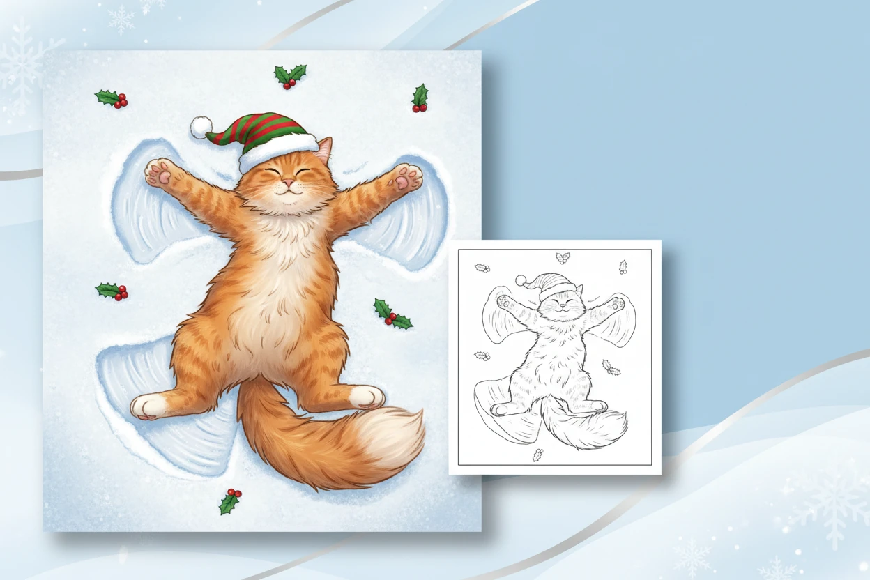 a-playful-christmas-cat-lying - christmas cat coloring page