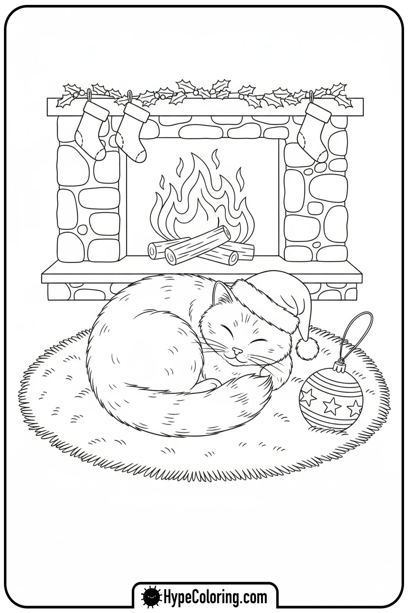 cat-sleeping-by-fireplace - christmas cat coloring page