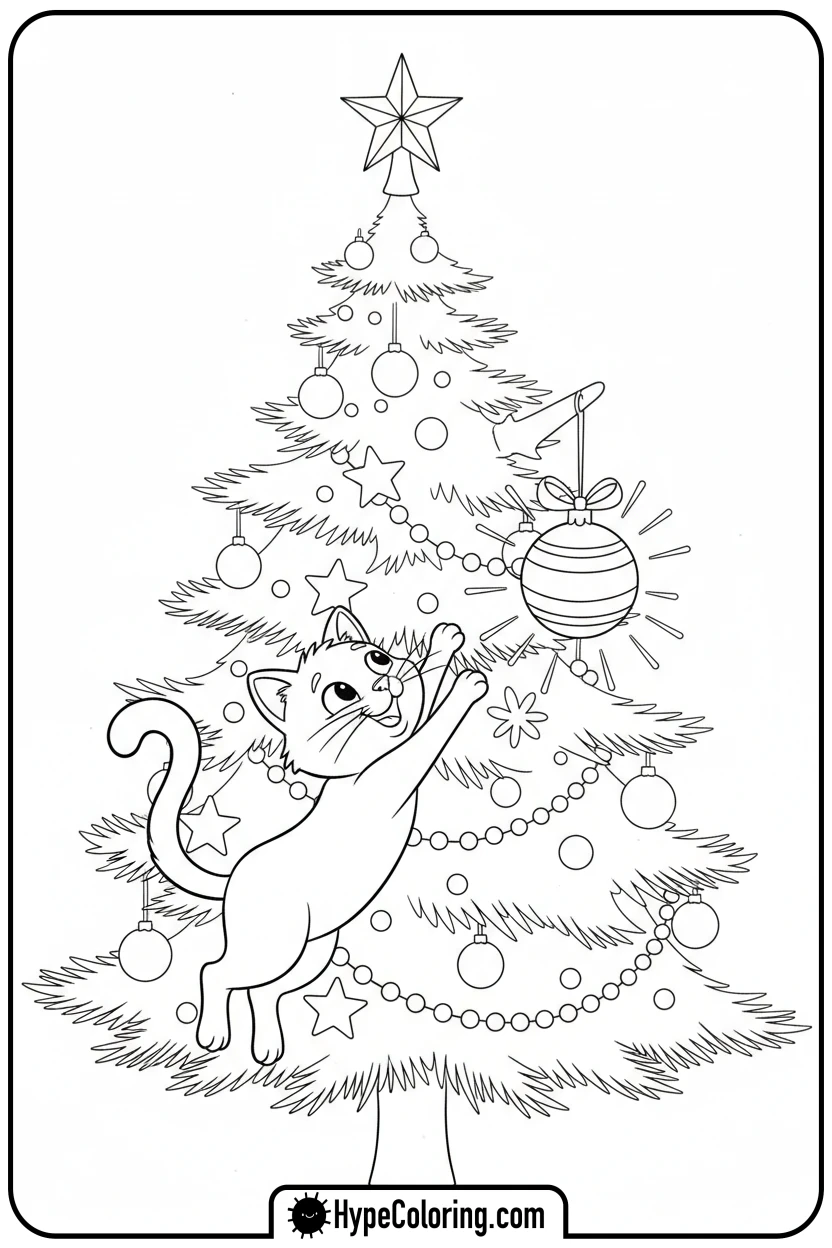 cat-playing-with-ornament - christmas cat coloring page