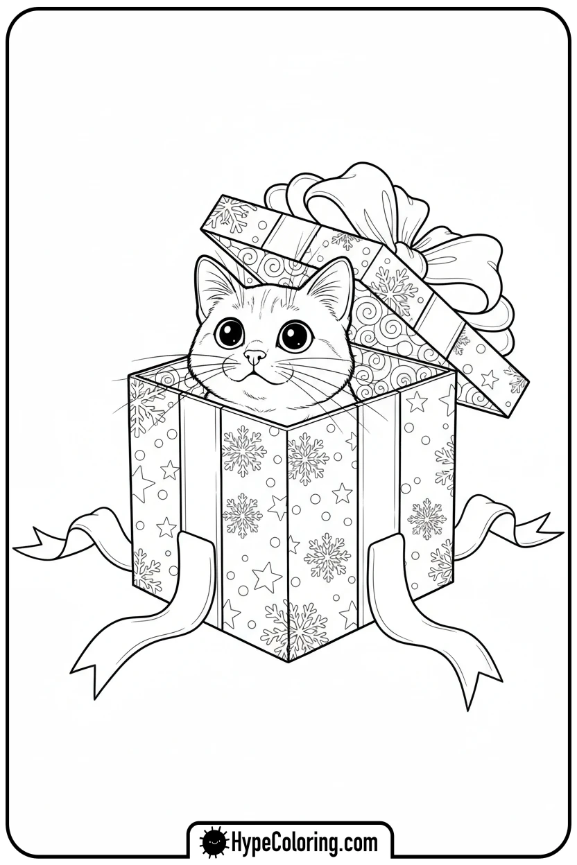 cat-in-gift-box - christmas cat coloring page