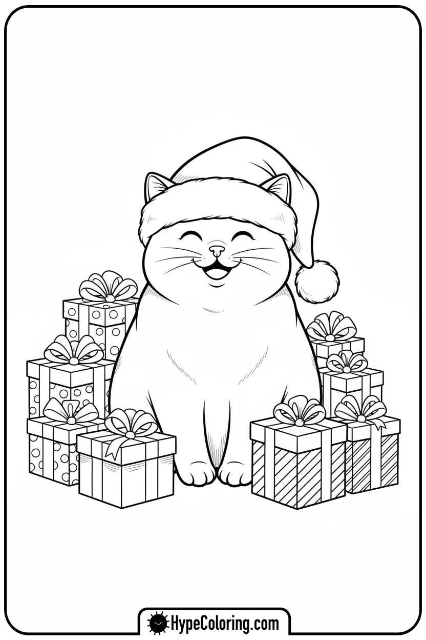 cat-wearing-santa-hat - christmas cat coloring page