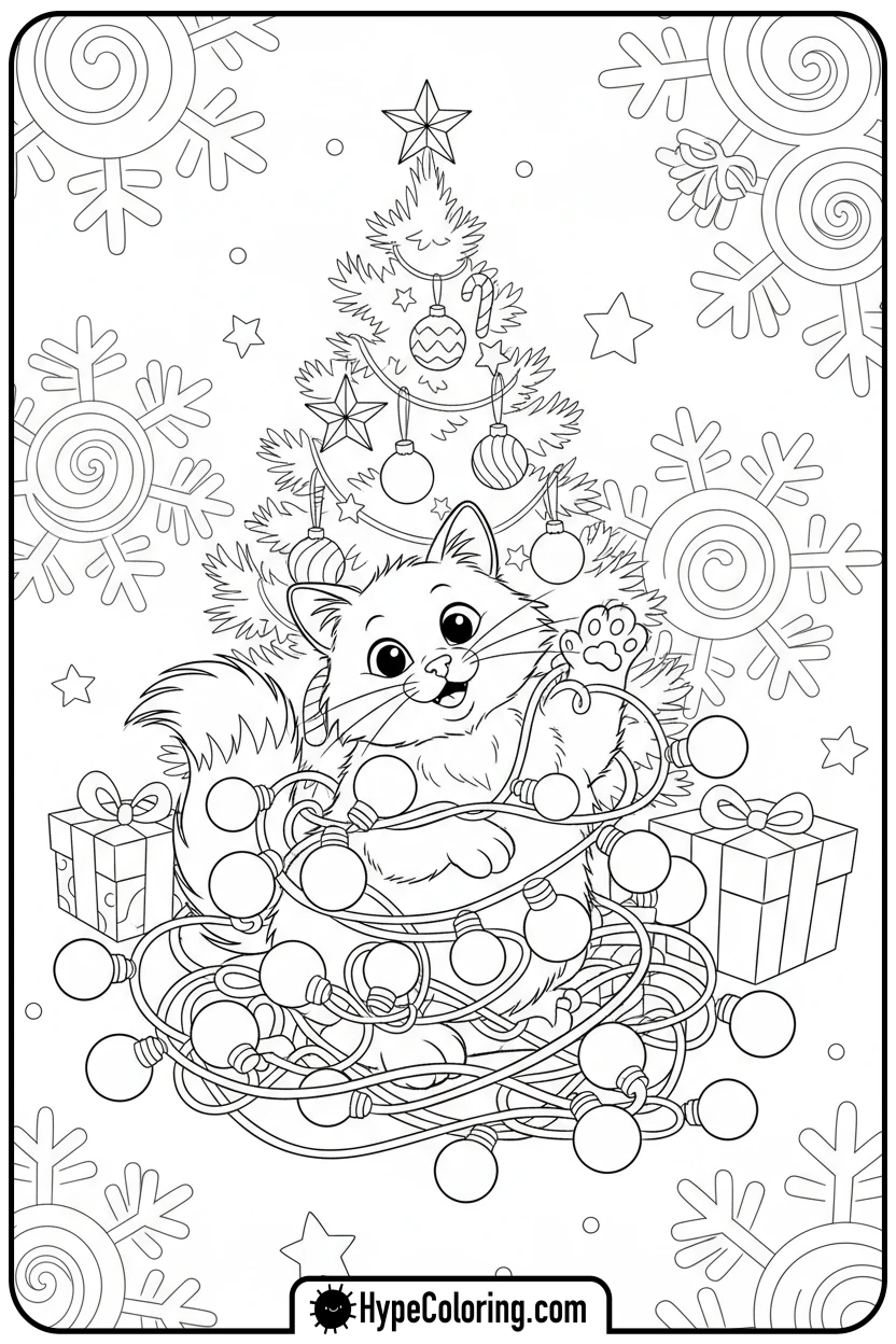 cat-tangled-in-lights - christmas cat coloring page