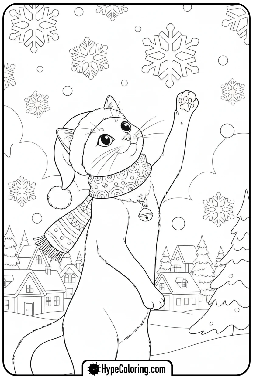 cat-catching-snowflake - christmas cat coloring page