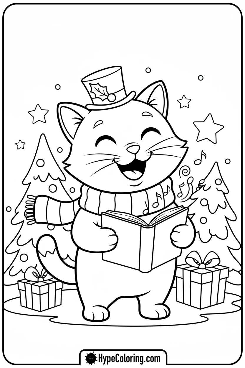 cat-singing-carols - christmas cat coloring page