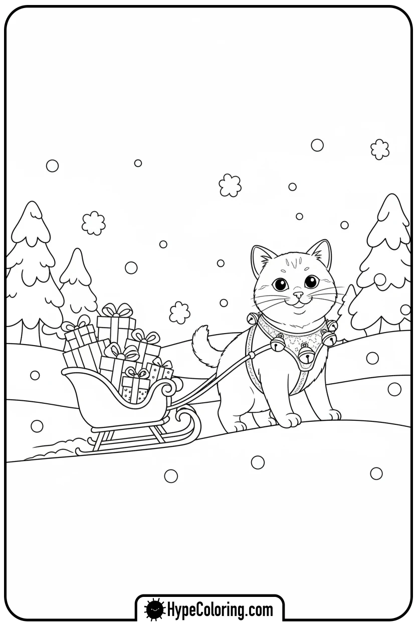 cat-pulling-sleigh - christmas cat coloring page