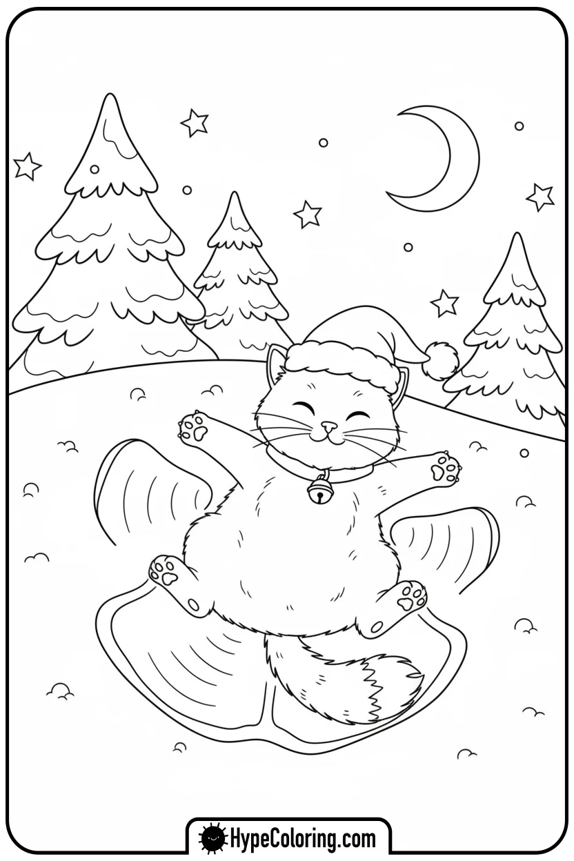 cat-making-snow-angel - christmas cat coloring page