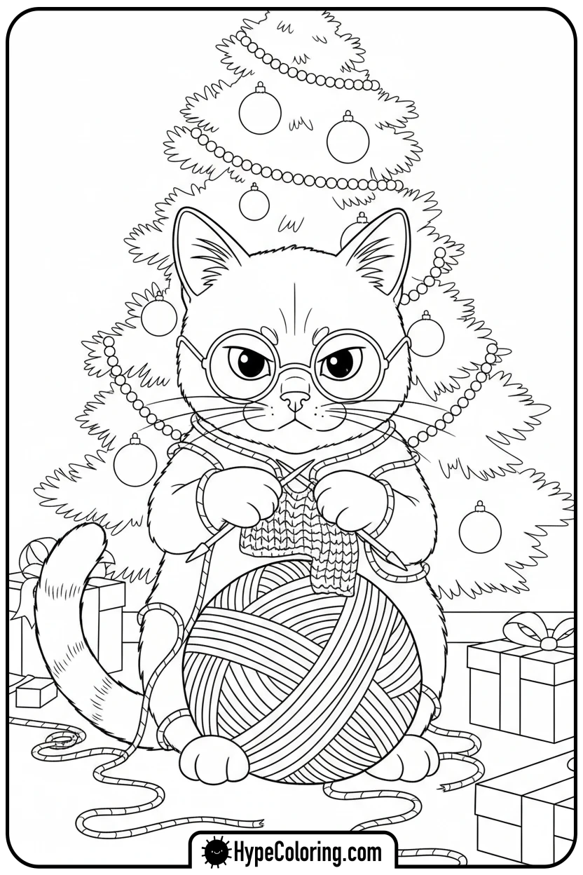 cat-knitting-yarn - christmas cat coloring page
