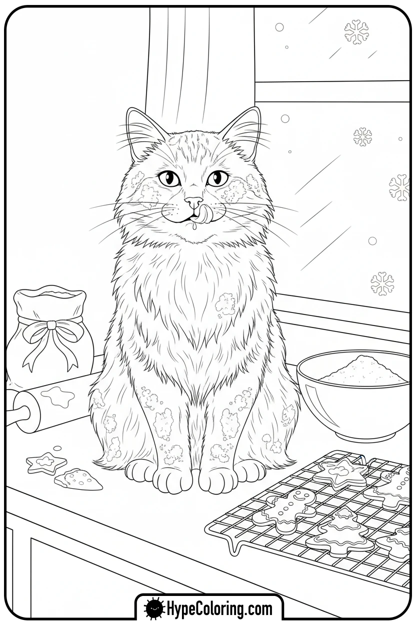 cat-baking-cookies - christmas cat coloring page