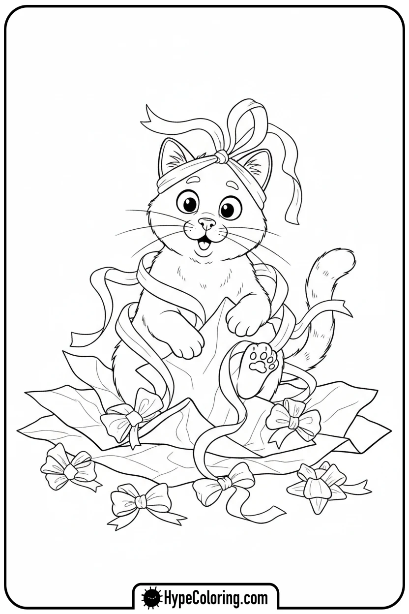 cat-tangled-in-wrapping - christmas cat coloring page
