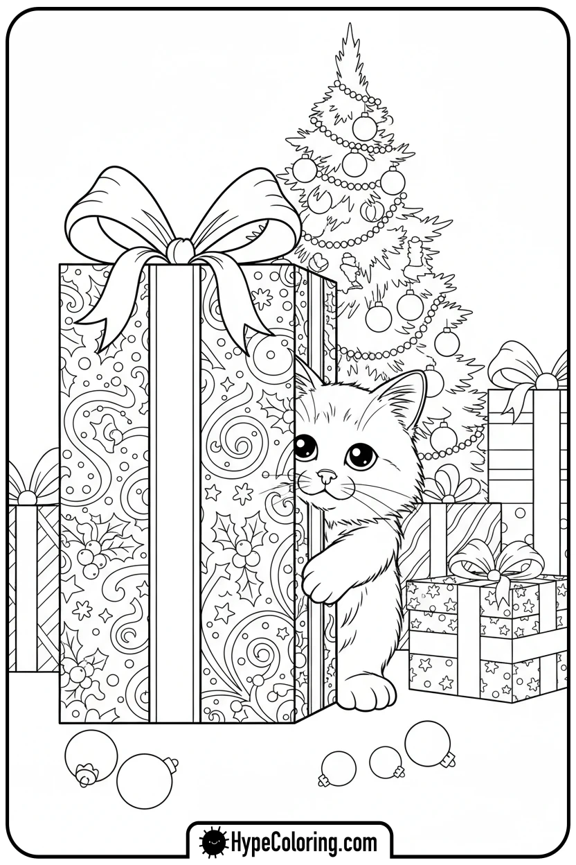 cat-peeking-from-present - christmas cat coloring page