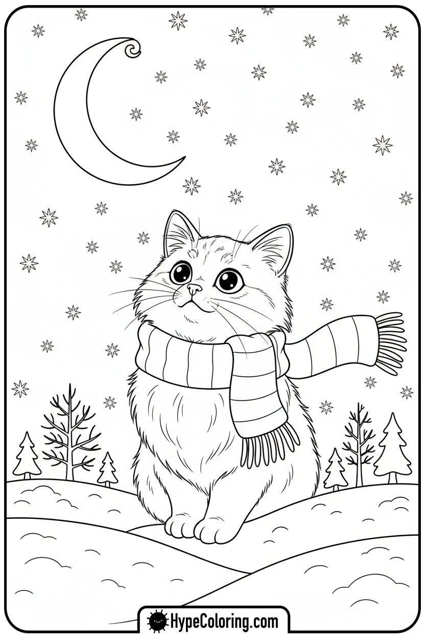cat-stargazing - christmas cat coloring page