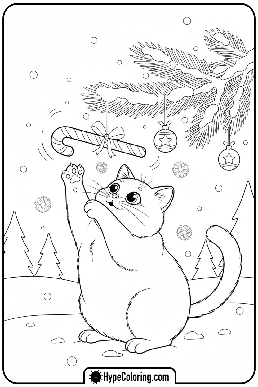 cat-playing-with-candy-cane - christmas cat coloring page